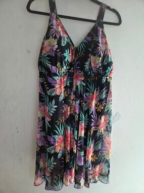 Fit 4 U Women Black w/ Multicolor Floral One Piece Swimsuit Dresss size 22